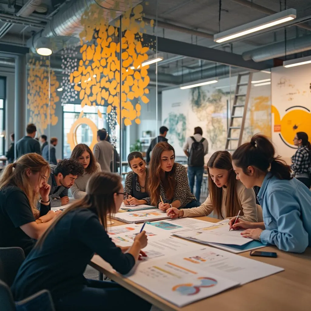 Estudiantes trabajando en proyectos colaborativos